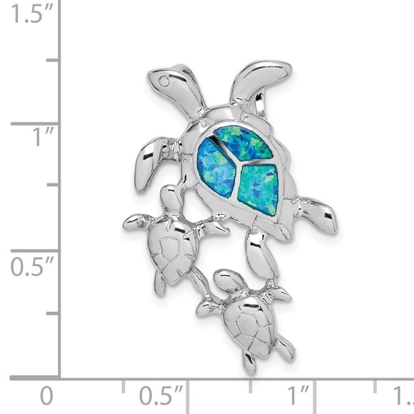 925 Sterling Silver Created Blue Opal Sea Turtles Chain Slide Charm Pendant - Picture 4 of 4
